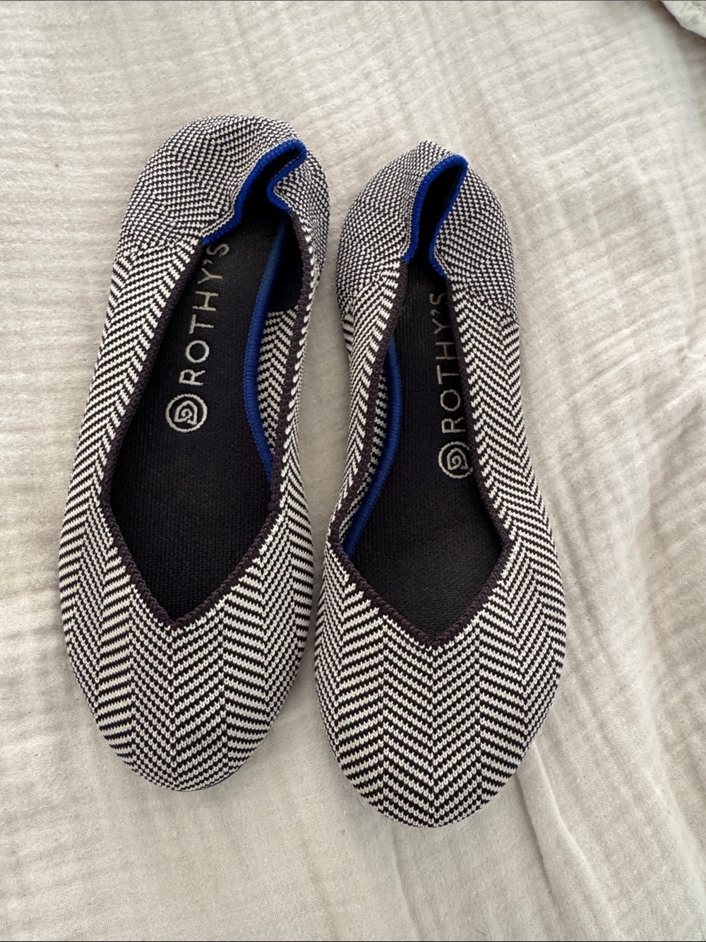 Rothy's Black & White Herringbone Ballet Flats with Blue Trim